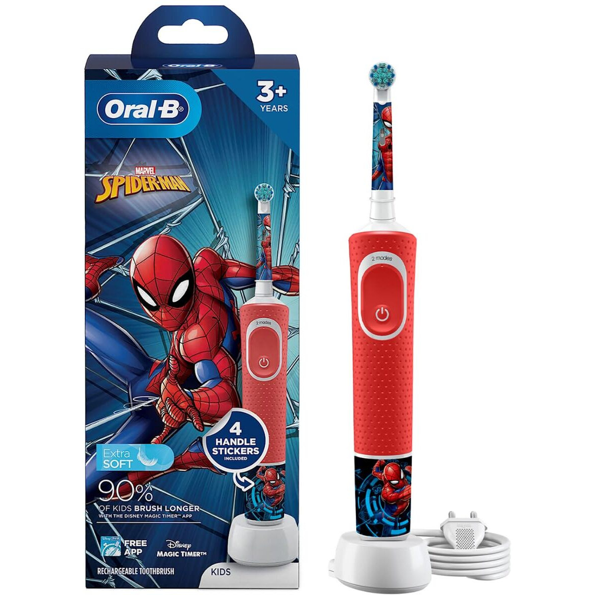 Oral B Kids Spiderman Rechargeable Rotating Electric Toothbrush, 2 Brushing Modes (Daily & Sensitive), 2 Min Timer With Quadpacer, 2 Year Warranty By Oral-B, Ipx7 Water Resistant, Round Brush Head