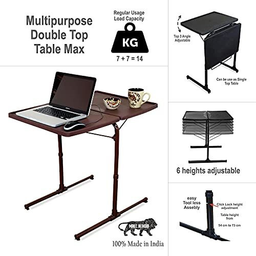 Bi3 Table Dual Top Multipurpose Laptop Study Dinning Portable Table Strong Adjustable Height (Brown) (Metal)