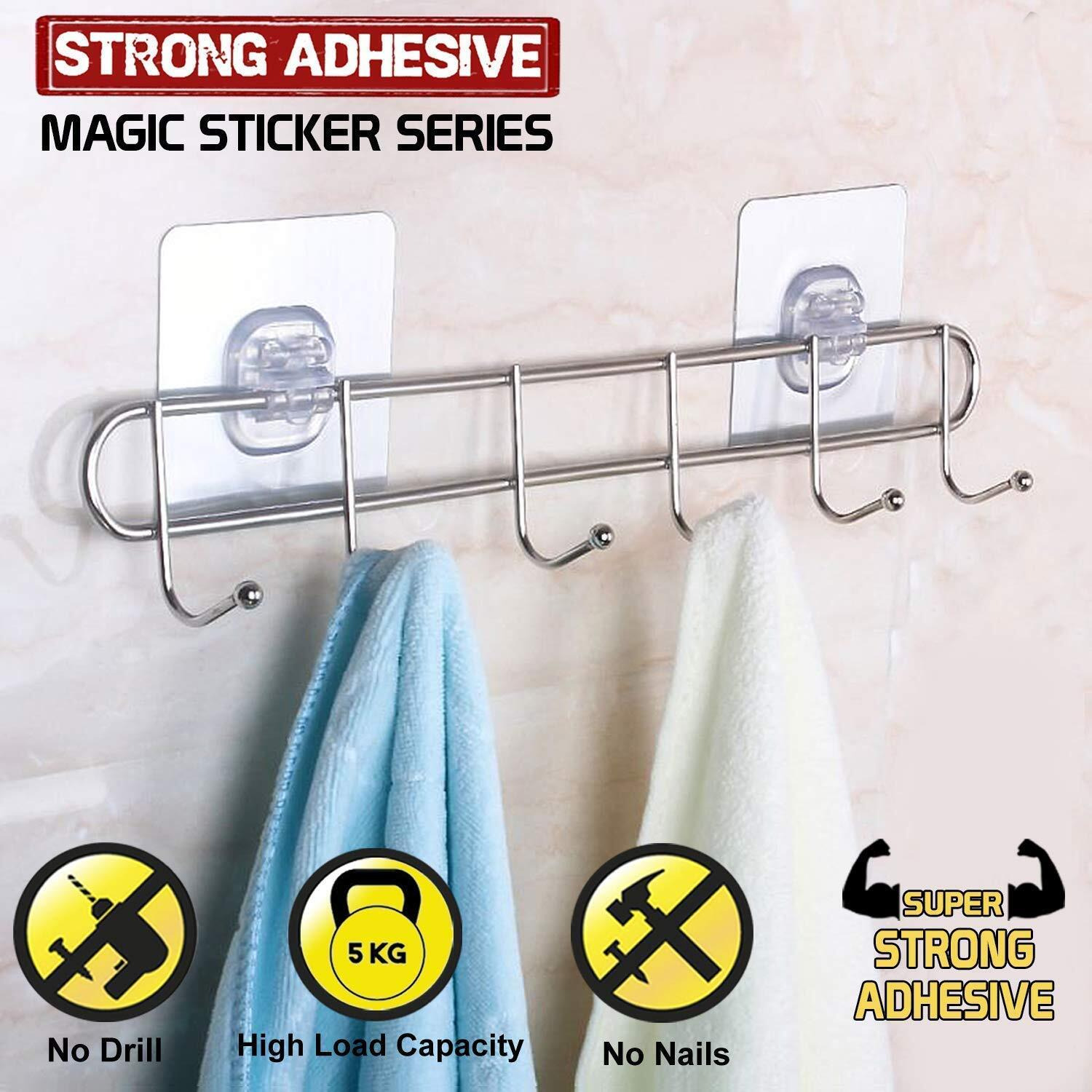 Adtala Waterproof And Oil Proof, Nail Free Transparent Heavy Duty Stainless Steel Wall Hook And Ceiling Hanger (6 Pcs - 5Kg Load Capacity, Code-144)