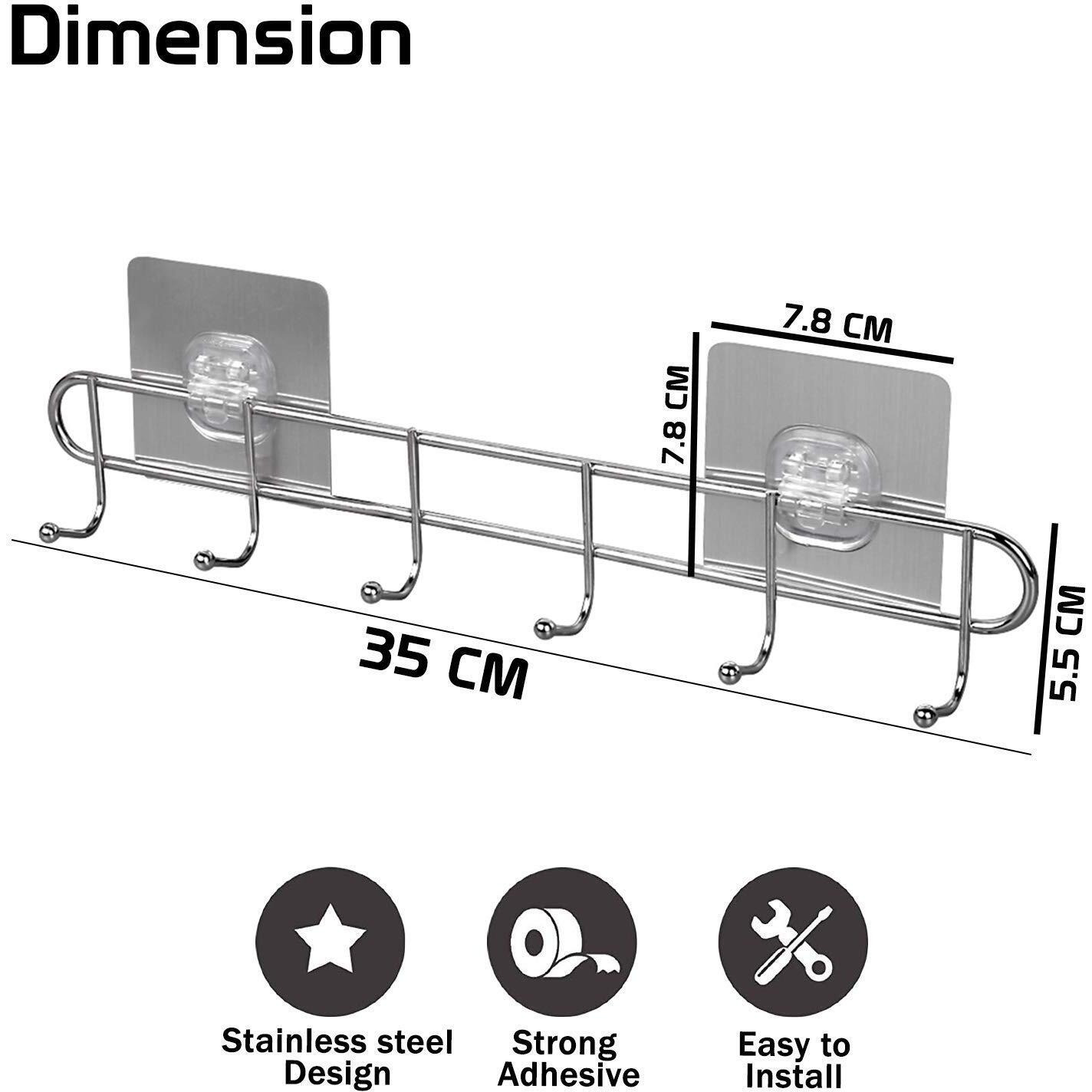 Adtala Waterproof And Oil Proof, Nail Free Transparent Heavy Duty Stainless Steel Wall Hook And Ceiling Hanger (6 Pcs - 5Kg Load Capacity, Code-144)