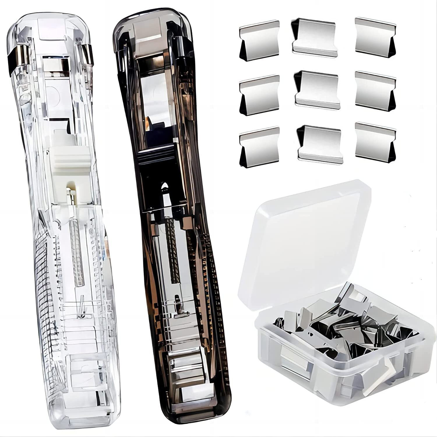 Tcco Enterprise Portable Handheld Paper Clam Clip Dispenser With 50 Stainless Steel Metal Refill Clips, Reusable Paper Clip Set Binder Clips Paper Clamps, Paper Clipper For Desk Document Office Home School [ 1 Pcs Stapler + 50 Clips ]