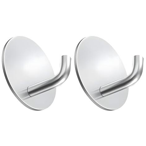 Jialto 2 Pcs Self-Adhesive Stainless Steel Hooks Heavy-Duty, Waterproof Wall Hangers For Bathroom And Kitchen - Strong Hold For Coats, Towels, And More, No Drilling Needed (J Round Silver)