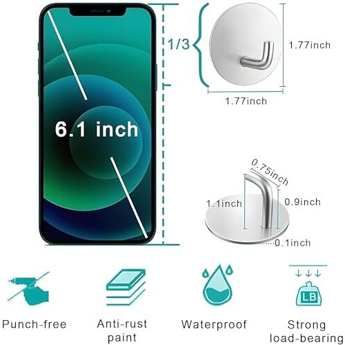 Jialto 2 Pcs Self-Adhesive Stainless Steel Hooks Heavy-Duty, Waterproof Wall Hangers For Bathroom And Kitchen - Strong Hold For Coats, Towels, And More, No Drilling Needed (J Round Silver)