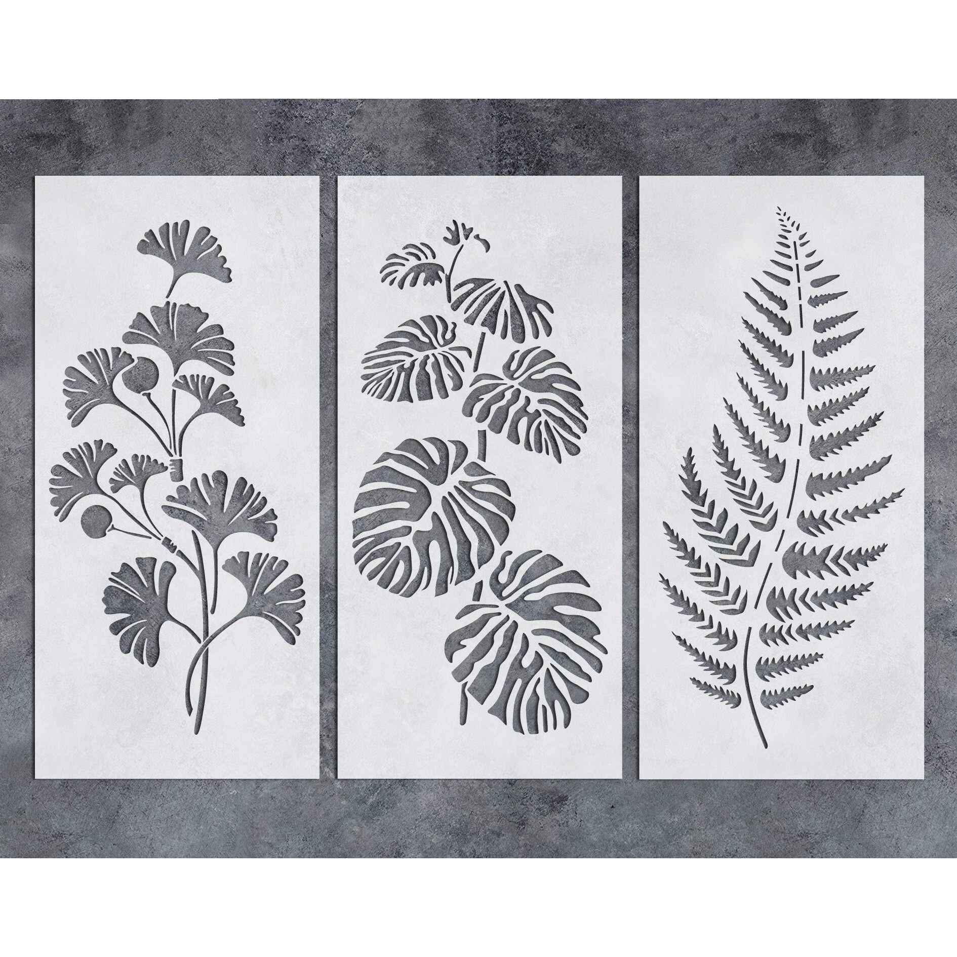 G Gss Designs Wall Art Green Leaf Painting Wall Stencil (3 Pack)-Plants Stencils For Painting On Wall Canvas Furniture Floor Fabric(8X17Inch)-Reusable Stencils Template For Artwork Painting (Sl-080)