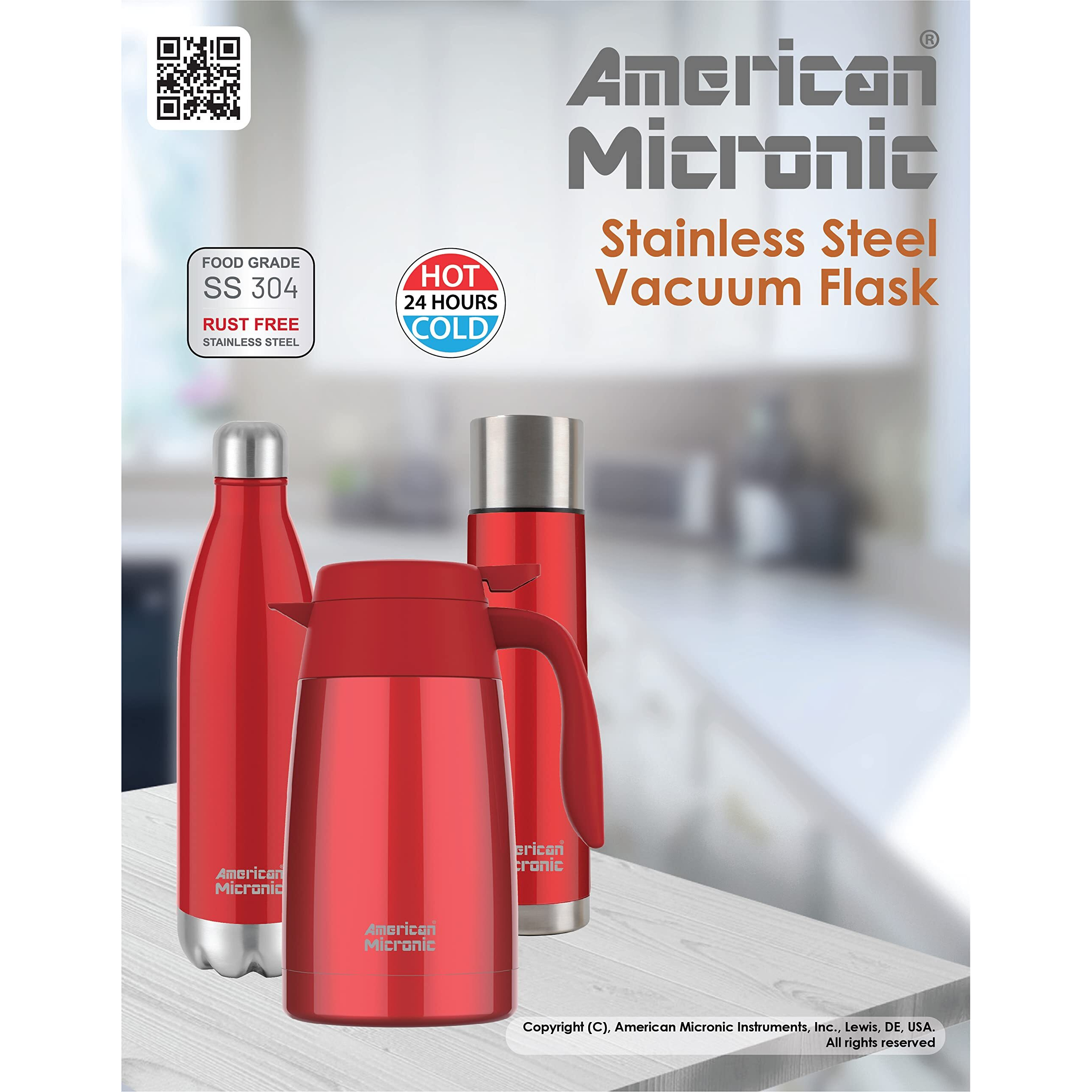 American Micronic-Stainless Steel (304 Grade) Vacuum Insulated Flask Water And Beverage Bottle (Ami-Bt50 -Red, 500Ml)