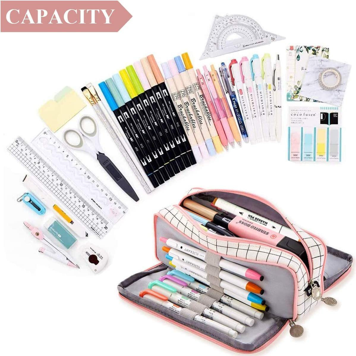 Finemoe Canvas Large Capacity Pencil Box For Girls&Boys,3 Compartments Pen&Pencil Pouches,Aesthetic Stationery Pouch For School Kids College Students,Cute Stationary Gift For Children (Plaide White)