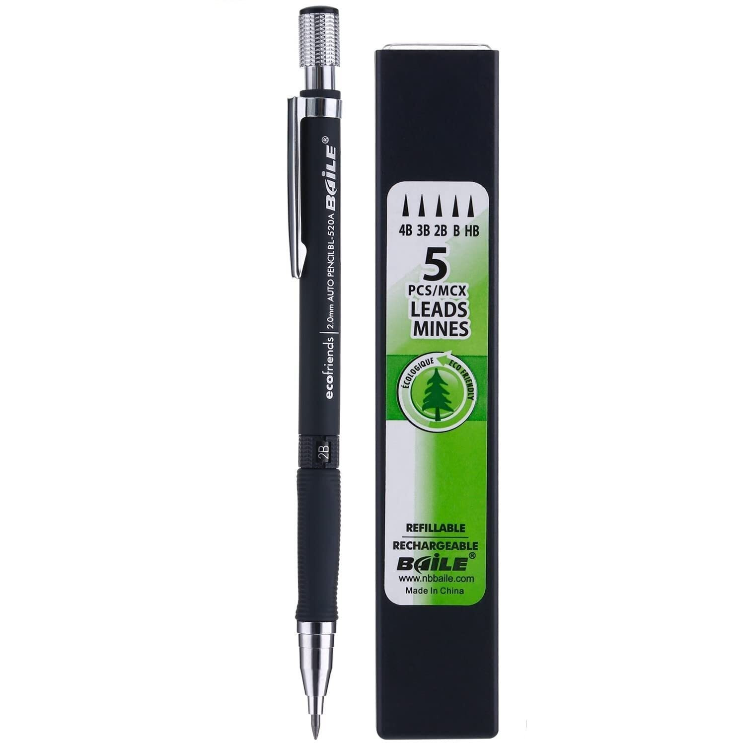 Baile 2.0Mm Mechanical Auto Pencil + Lead Box (5 Leads) - Body Color Black