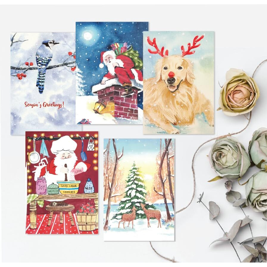 Anujarusiya Christmas Greeting Cards Pack Of 5 | 8 Gift Tags | Digital Print Of Cheerful Holiday Watercolor Illustration | Made On Imported Paper | Each Card Comes In A Red Envelope | 4&quotX6"