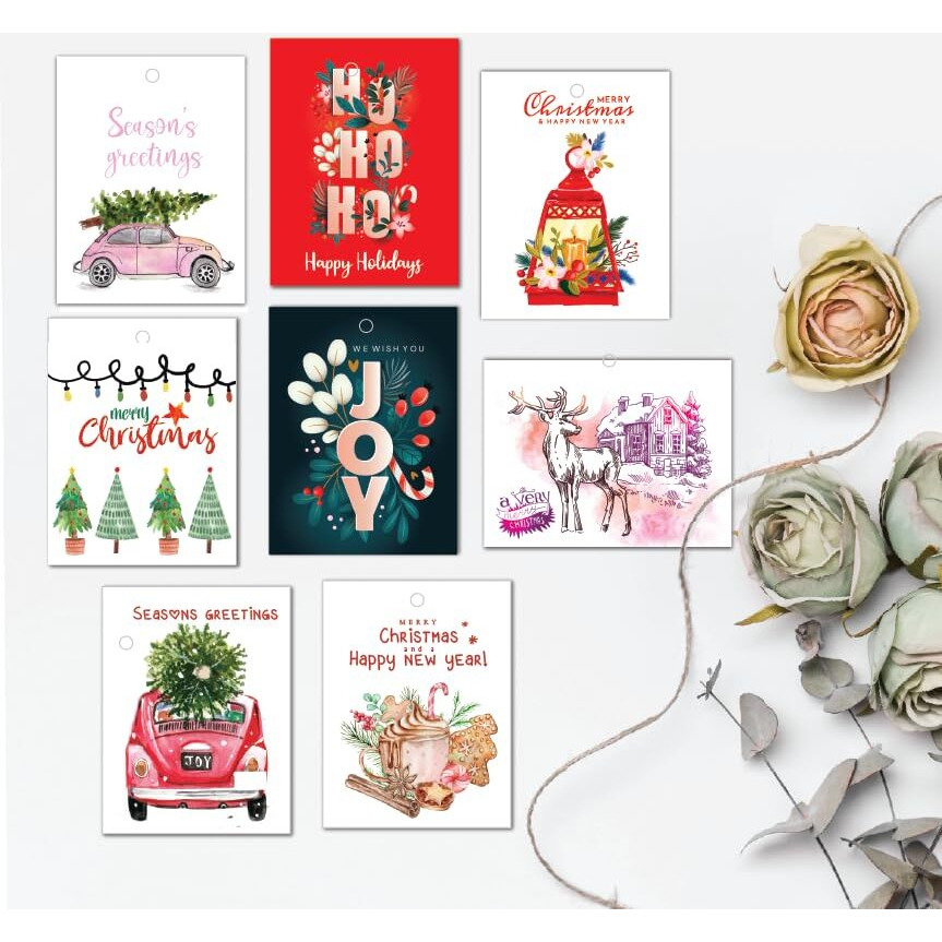 Anujarusiya Christmas Greeting Cards Pack Of 5 | 8 Gift Tags | Digital Print Of Cheerful Holiday Watercolor Illustration | Made On Imported Paper | Each Card Comes In A Red Envelope | 4&quotX6"