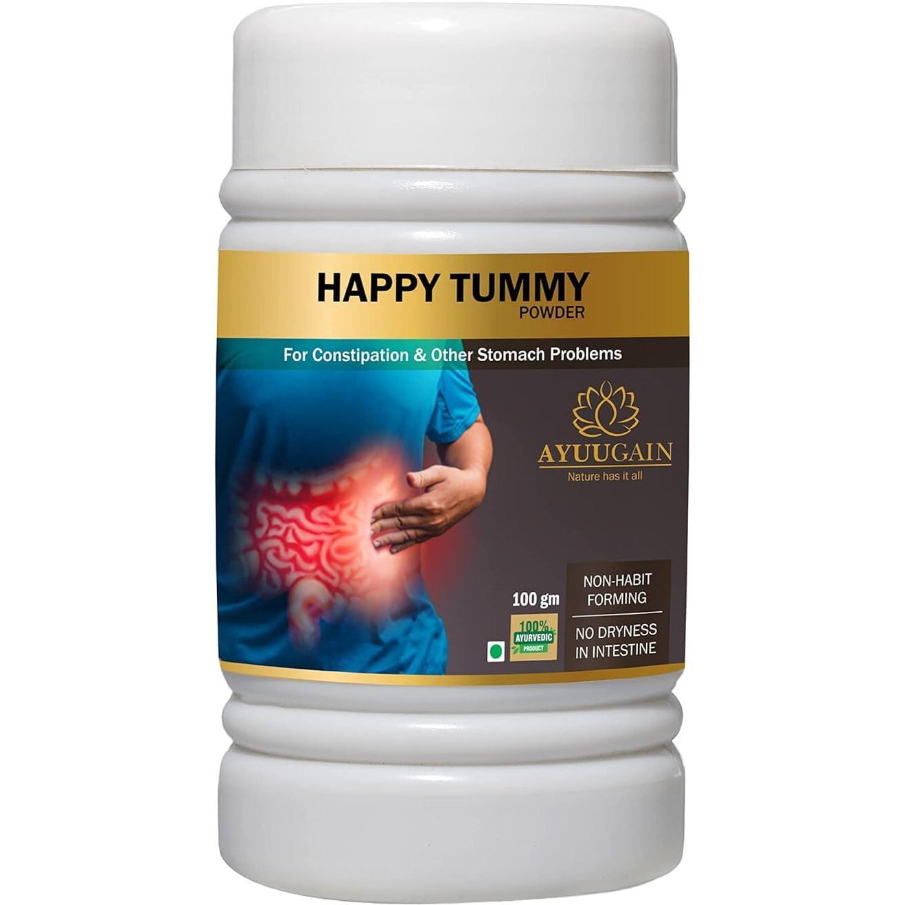 Ayuugain Happy Tummy Powder For Constipation, Indigestion, Gas, Acidity And Ibs Relief | Pure Ayurvedic Constipation Relief Medicine | Natural Laxatives, Stool Softener, Bowel Regulator Powder -100Gm