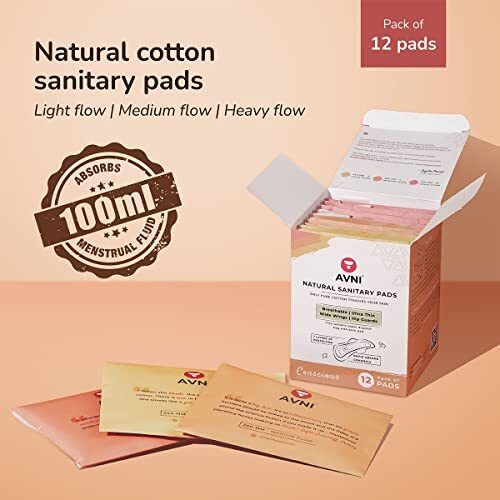 Avni Natural Cotton Sanitary Pads (L, Pack Of 12) + Paper Disposal Bags (Medium To Heavy Flow)