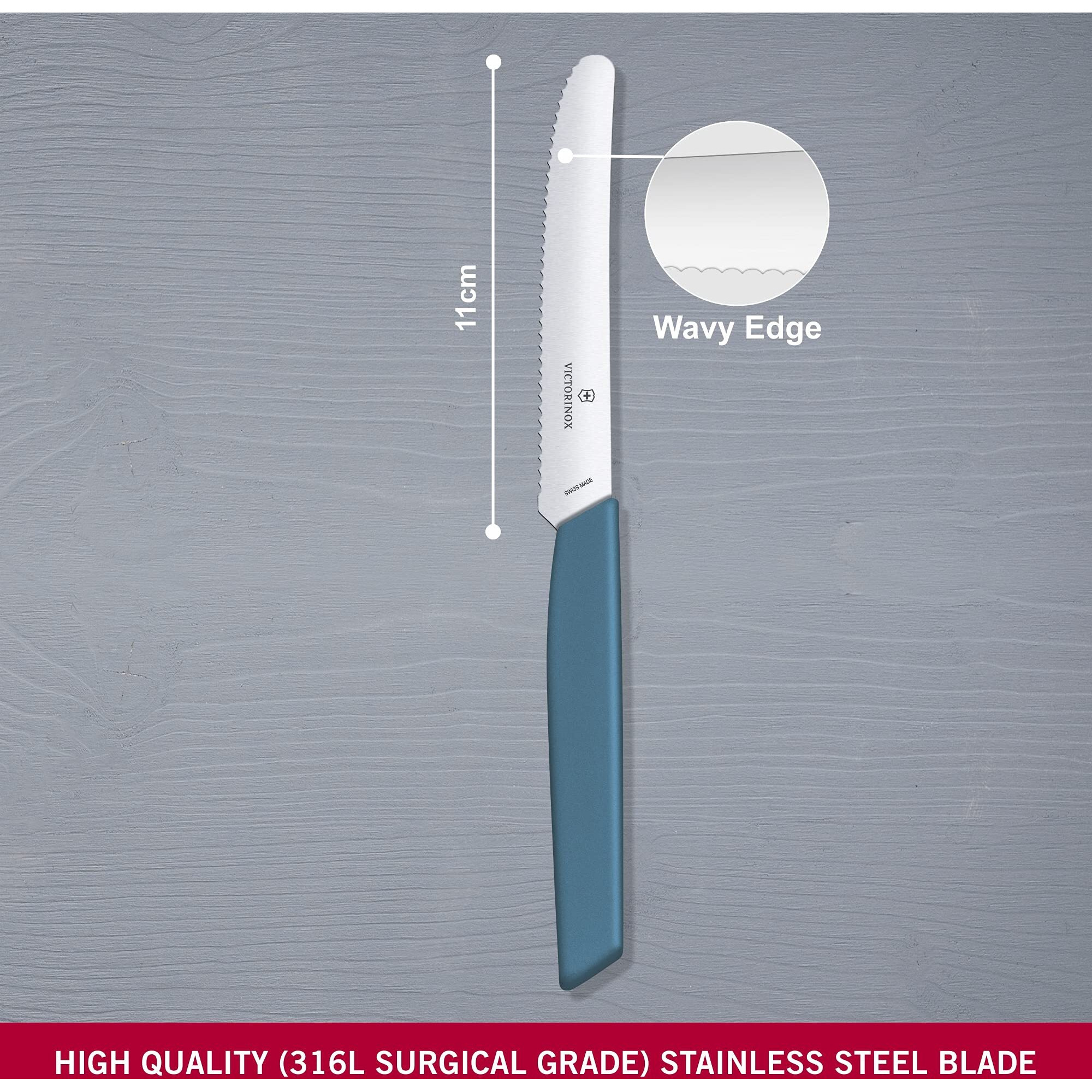 Victorinox Stainless Steel Kitchen Knife, Swiss Modern 11 Cm Multipurpose, Round Tip Wavy Edge Knife For Professional And Household Kitchen, Cornflower Blue, Swiss Made