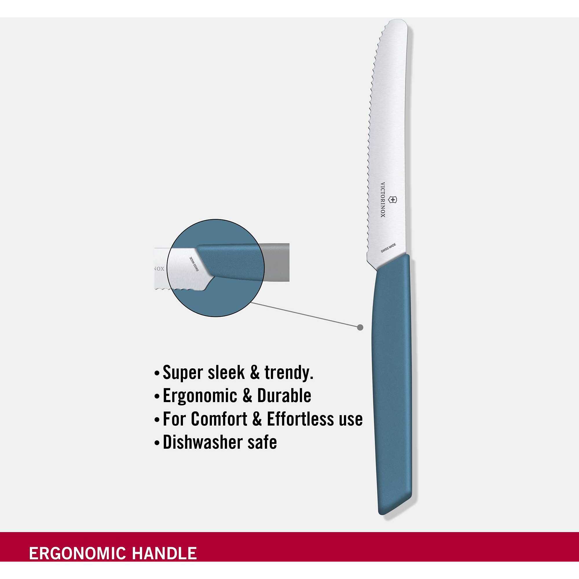 Victorinox Stainless Steel Kitchen Knife, Swiss Modern 11 Cm Multipurpose, Round Tip Wavy Edge Knife For Professional And Household Kitchen, Cornflower Blue, Swiss Made