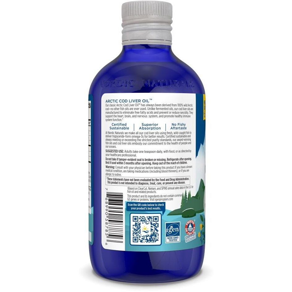 Nordic Naturals Arctic Cod Liver Oil | 1060 Mg Omega 3 Fish Oil Epa & Dha Supplement | Omega 3 Cod Liver Oil Liquid For Heart, Brain Health & Optimal Wellness | Flavour Lemon Fish Oil 8 Fl Oz (237 Ml)