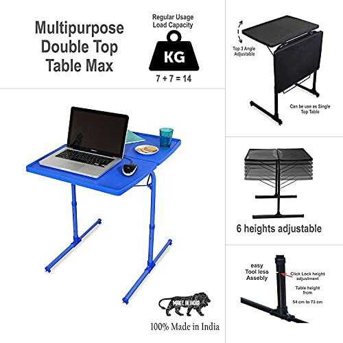 Bi3 Metal Table Dual Top Multipurpose Laptop Study Dinning Portable Table Strong Adjustable Height (Blue, 70 Cm, 53 Cm)