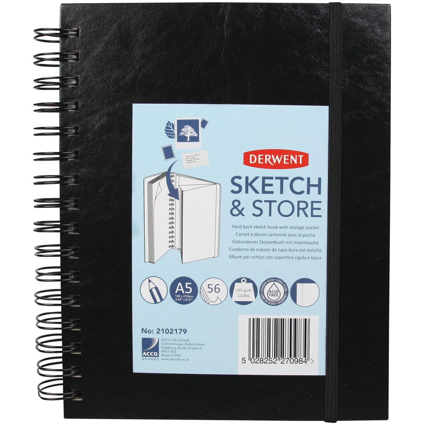 Derwent Sketch And Store Hard Back Sketch Book With Storage Pocket, Elasticated Strap And Wirebound Spine (A5 Portrait)
