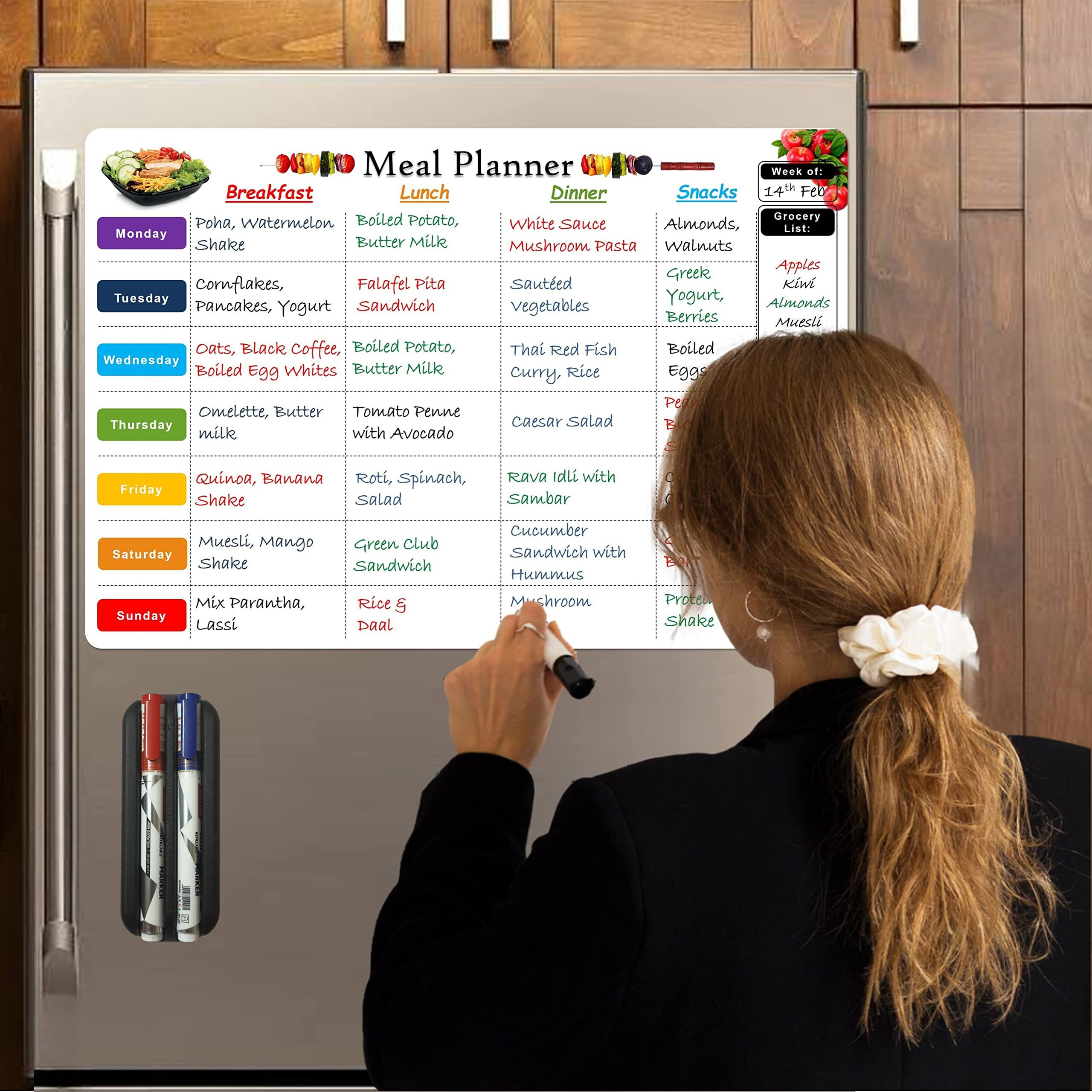 Wishkraft Magnetic Daily Meal Planner [45X30 Cm] For Fridge | Dry Erase Whiteboard | Daily Food Menu Diet Planning Calendar Board Magnet Sheet With Markers & Duster