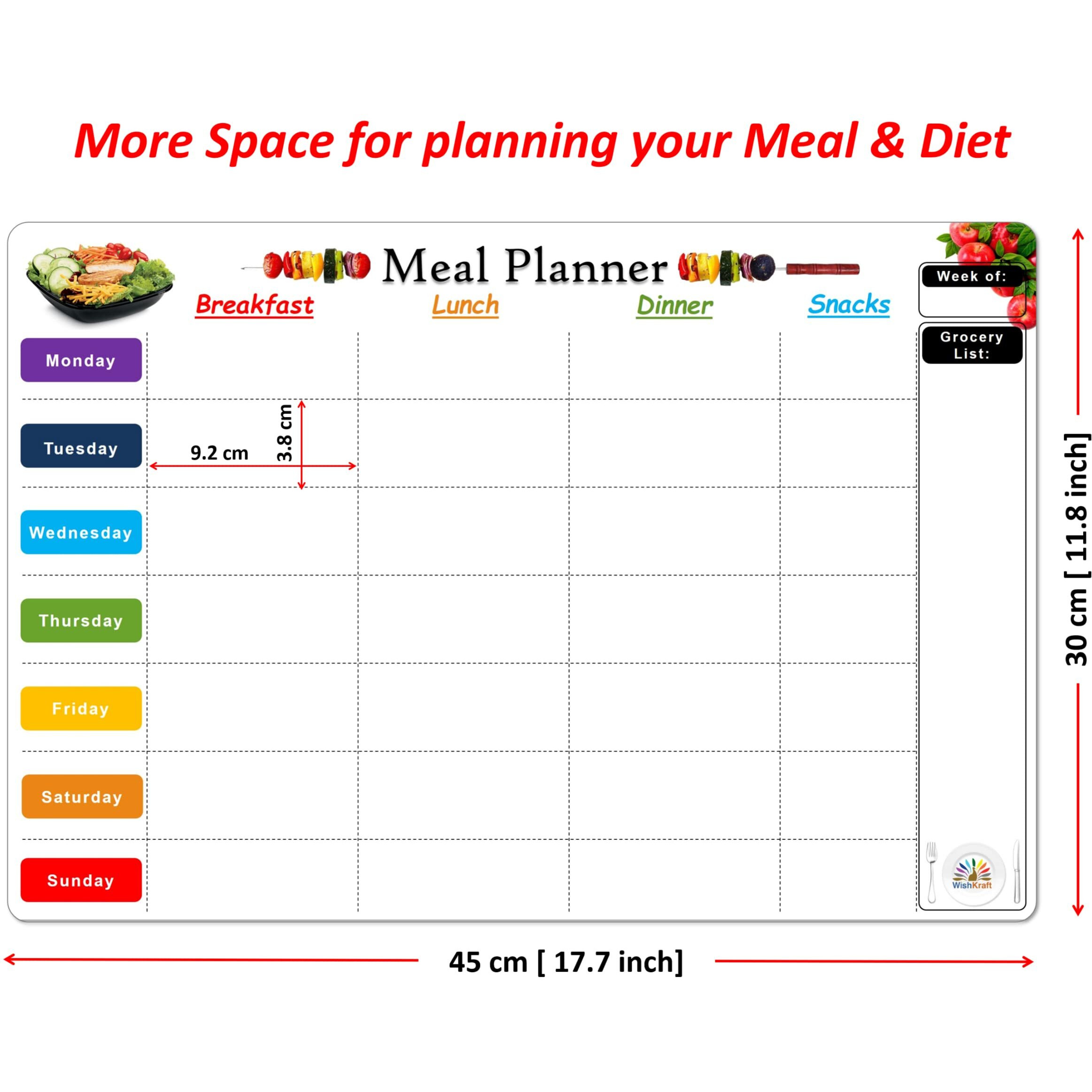 Wishkraft Magnetic Daily Meal Planner [45X30 Cm] For Fridge | Dry Erase Whiteboard | Daily Food Menu Diet Planning Calendar Board Magnet Sheet With Markers & Duster