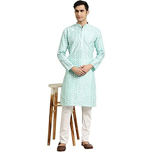 Sojanya (Since 1958, Men's Silk Blend Blue Embroidered Only Kurta, Size 44