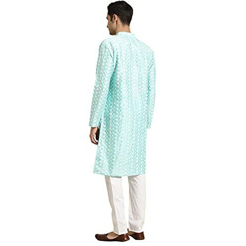Sojanya (Since 1958, Men's Silk Blend Blue Embroidered Only Kurta, Size 44