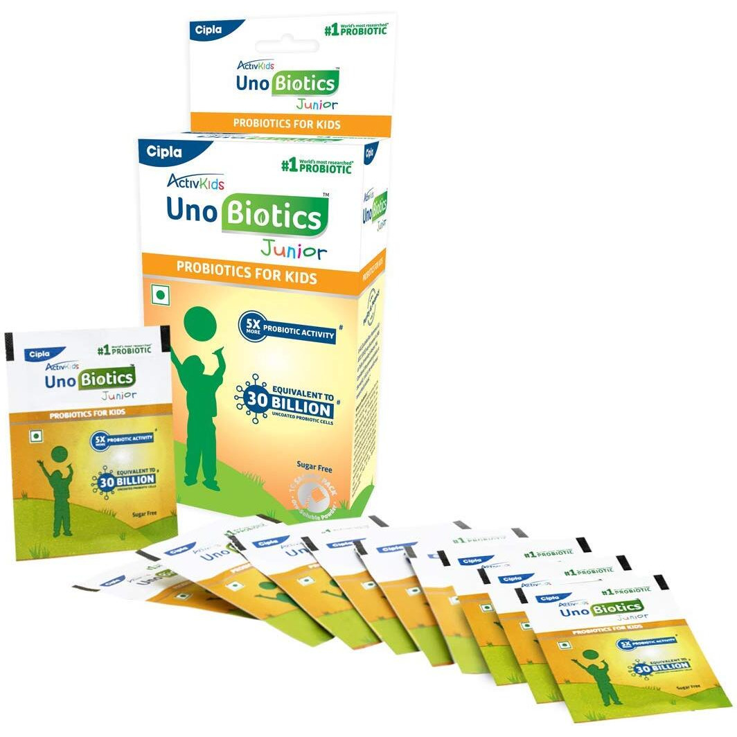 Cipla Activkids Unobiotics Junior With 5X More Probiotic Activity |Powder Helps Build Immunity & Refills Good Bacteria|Probiotics For Kids - 10 Sachets, 1 Count, 10 Servings