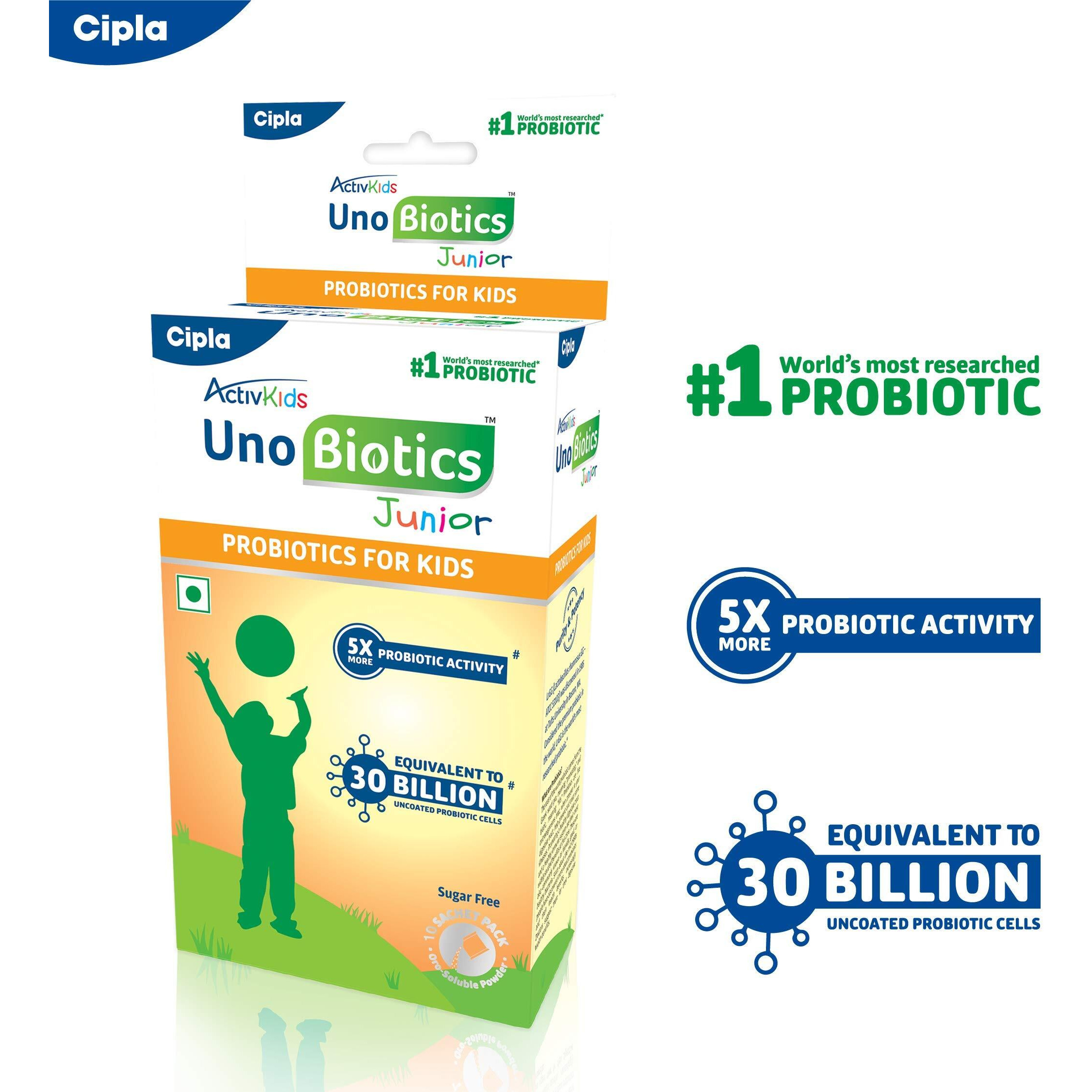 Cipla Activkids Unobiotics Junior With 5X More Probiotic Activity |Powder Helps Build Immunity & Refills Good Bacteria|Probiotics For Kids - 10 Sachets, 1 Count, 10 Servings