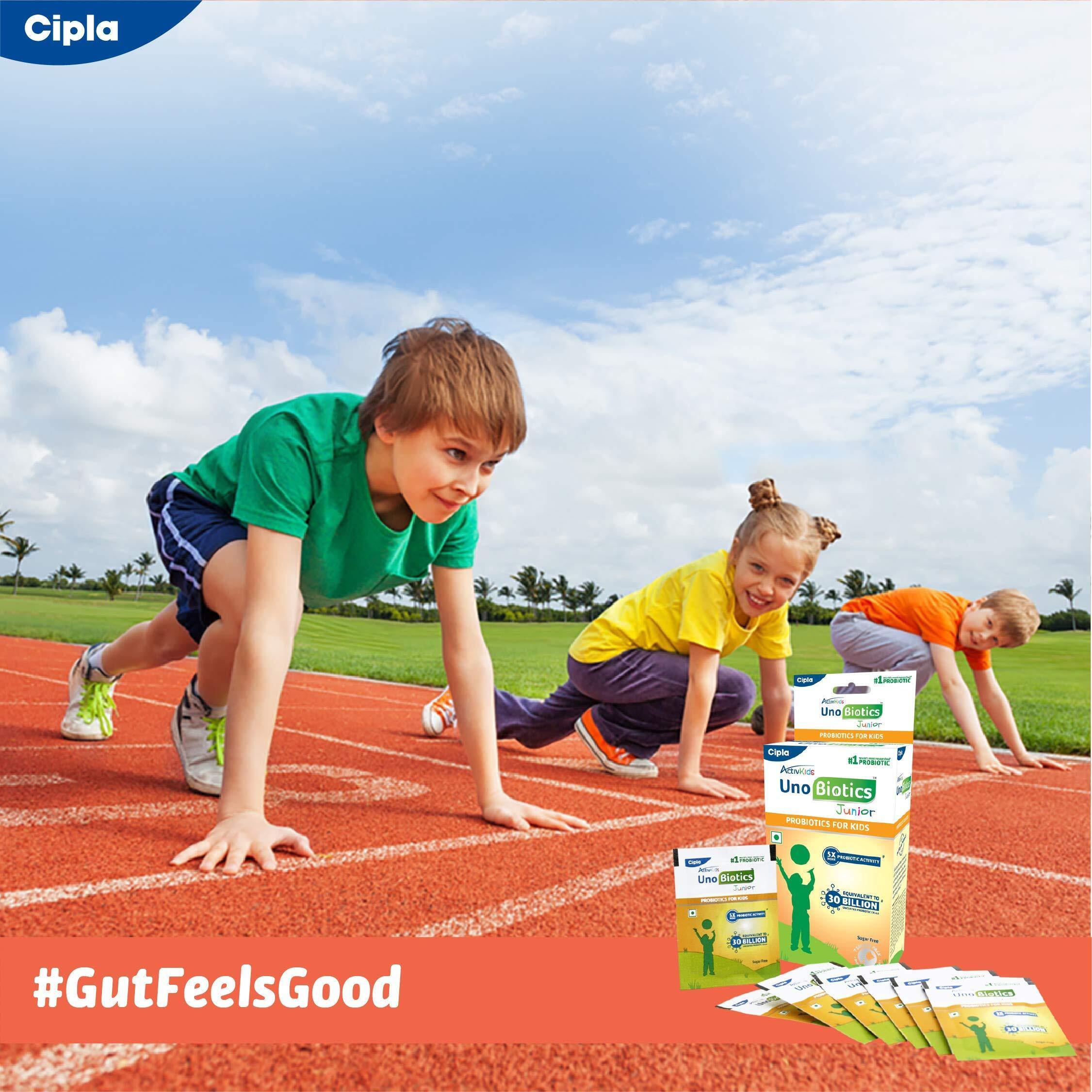 Cipla Activkids Unobiotics Junior With 5X More Probiotic Activity |Powder Helps Build Immunity & Refills Good Bacteria|Probiotics For Kids - 10 Sachets, 1 Count, 10 Servings