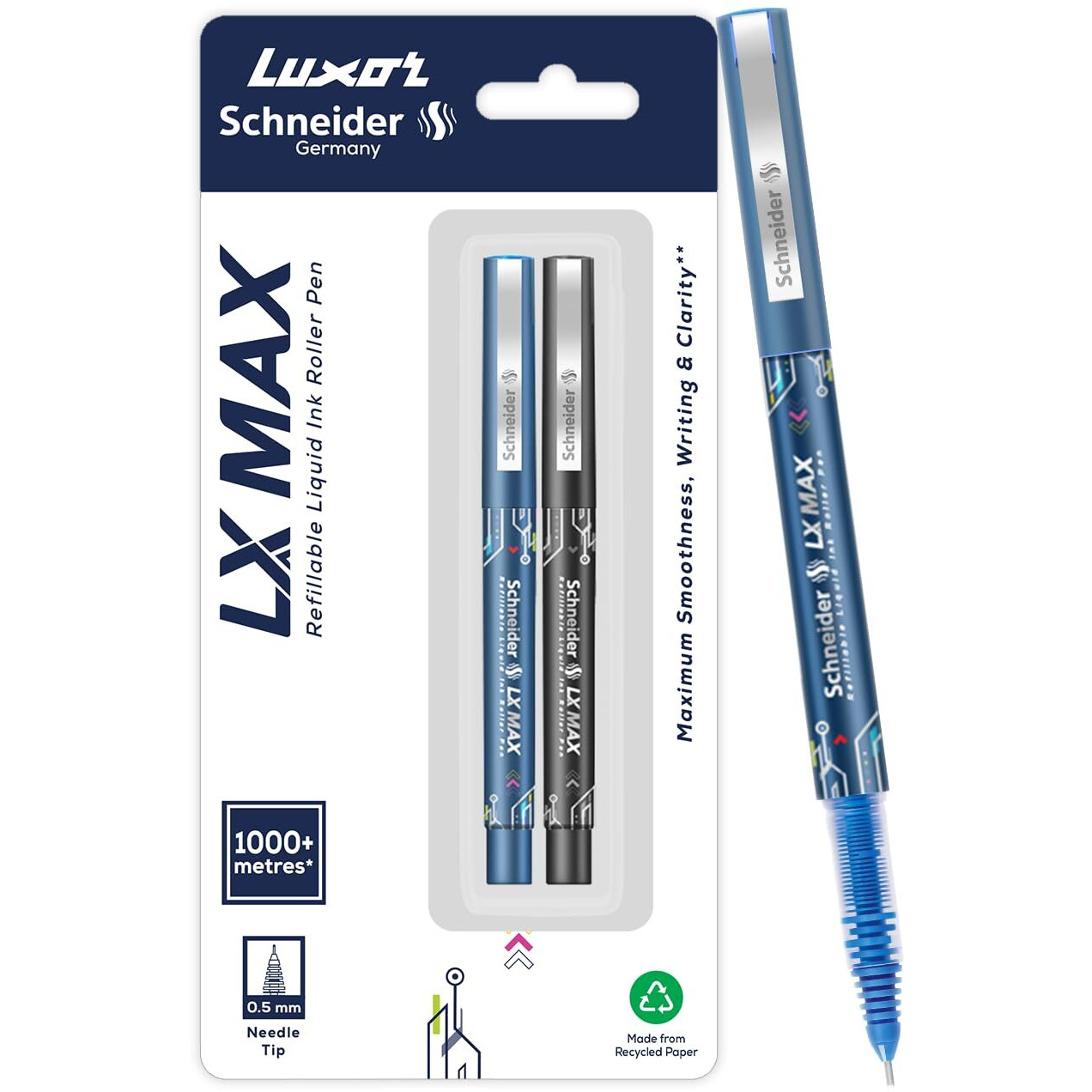 Luxor Schneider Lx Max Roller Ball Pen, Pack Of 2, 1 Blue+ 1 Black, Needle Tip, 0.5Mm, 100% German Technology, 1000+ Mtrs Writing Length, Waterproof Ink, Ideal For Students & Professionals