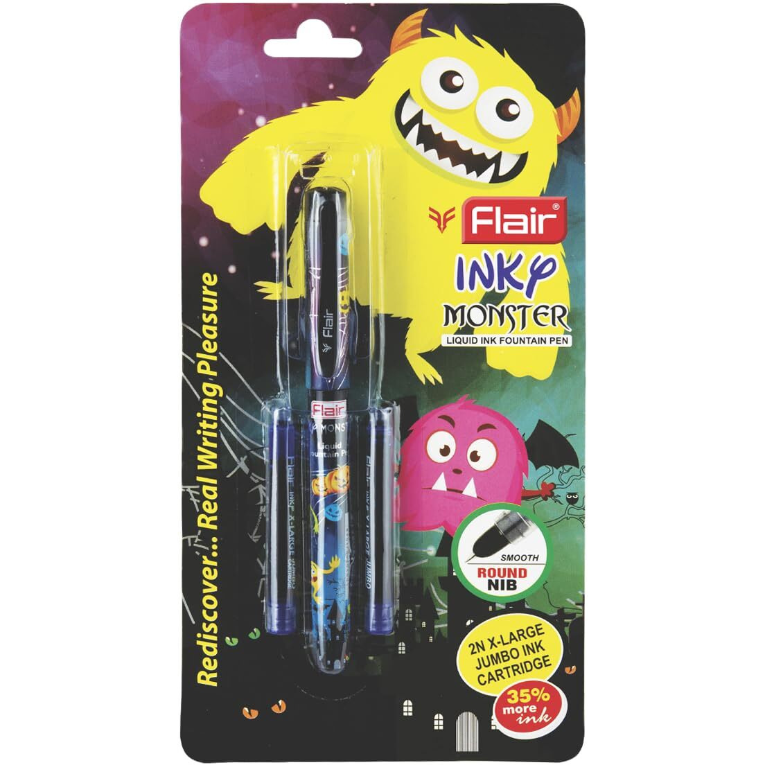 Flair Inky Series Monster Liquid Ink Fountain Pen Blister Pack | Rounded Nib With Iridium Tip | Attractive Body | 2 Pieces X-Large Jumbo Cartridges With Each Pack | Blue Ink, Pack Of 3
