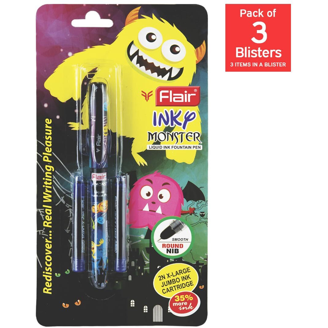 Flair Inky Series Monster Liquid Ink Fountain Pen Blister Pack | Rounded Nib With Iridium Tip | Attractive Body | 2 Pieces X-Large Jumbo Cartridges With Each Pack | Blue Ink, Pack Of 3