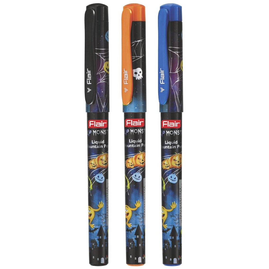 Flair Inky Series Monster Liquid Ink Fountain Pen Blister Pack | Rounded Nib With Iridium Tip | Attractive Body | 2 Pieces X-Large Jumbo Cartridges With Each Pack | Blue Ink, Pack Of 3