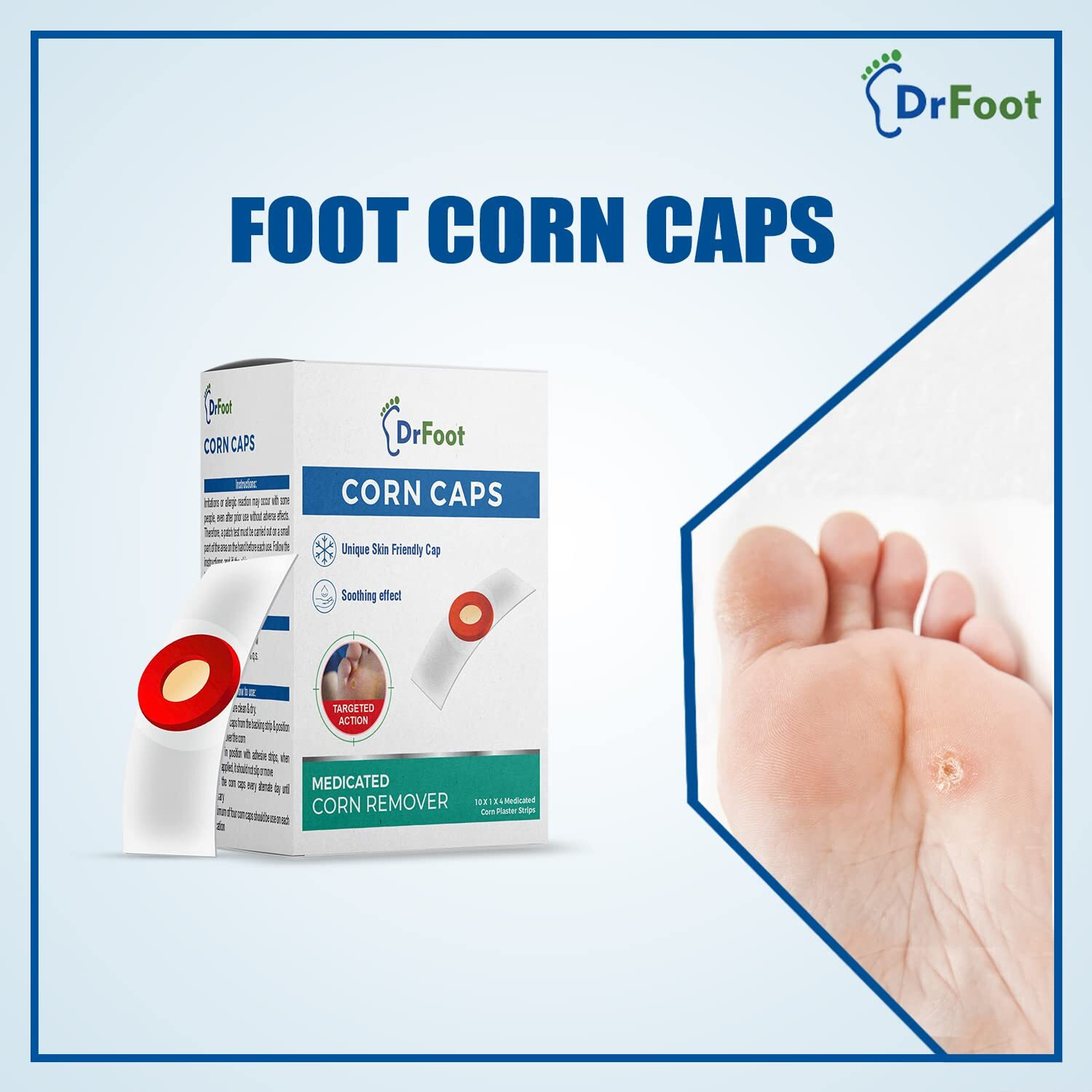 Dr Foot Corn Caps 40 Strips Medicated Plaster Bandage Skin Friendly Cap |Soothing Effect, Helps For Fast, Effective And Easy To Deep Foot Corn Remover | Easy To Remove
