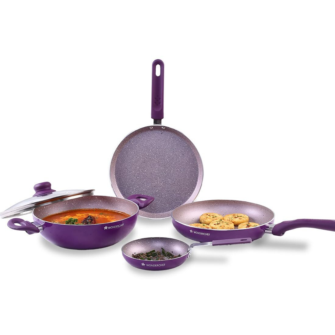Wonderchef Royal Velvet Non-Stick 5-Pcs Cookware Set Fry Pan With Lid, Kadhai, Dosa Tawa, Mini Fry Pan|Induction Ready|Soft-Touch Handles|Non Toxic Ivirgin Aluminium|3 Mm Thick|2 Years Warranty|Purple