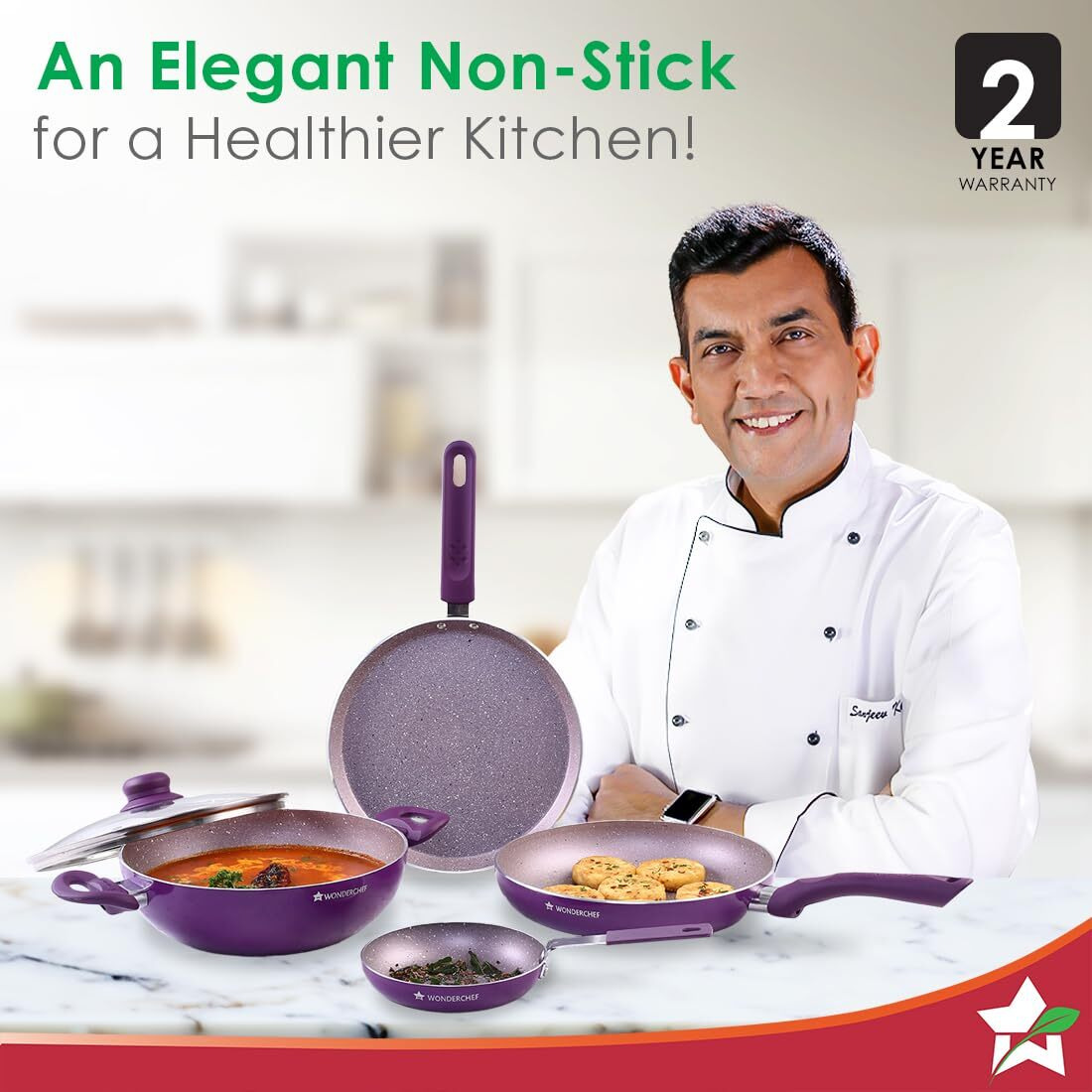 Wonderchef Royal Velvet Non-Stick 5-Pcs Cookware Set Fry Pan With Lid, Kadhai, Dosa Tawa, Mini Fry Pan|Induction Ready|Soft-Touch Handles|Non Toxic Ivirgin Aluminium|3 Mm Thick|2 Years Warranty|Purple