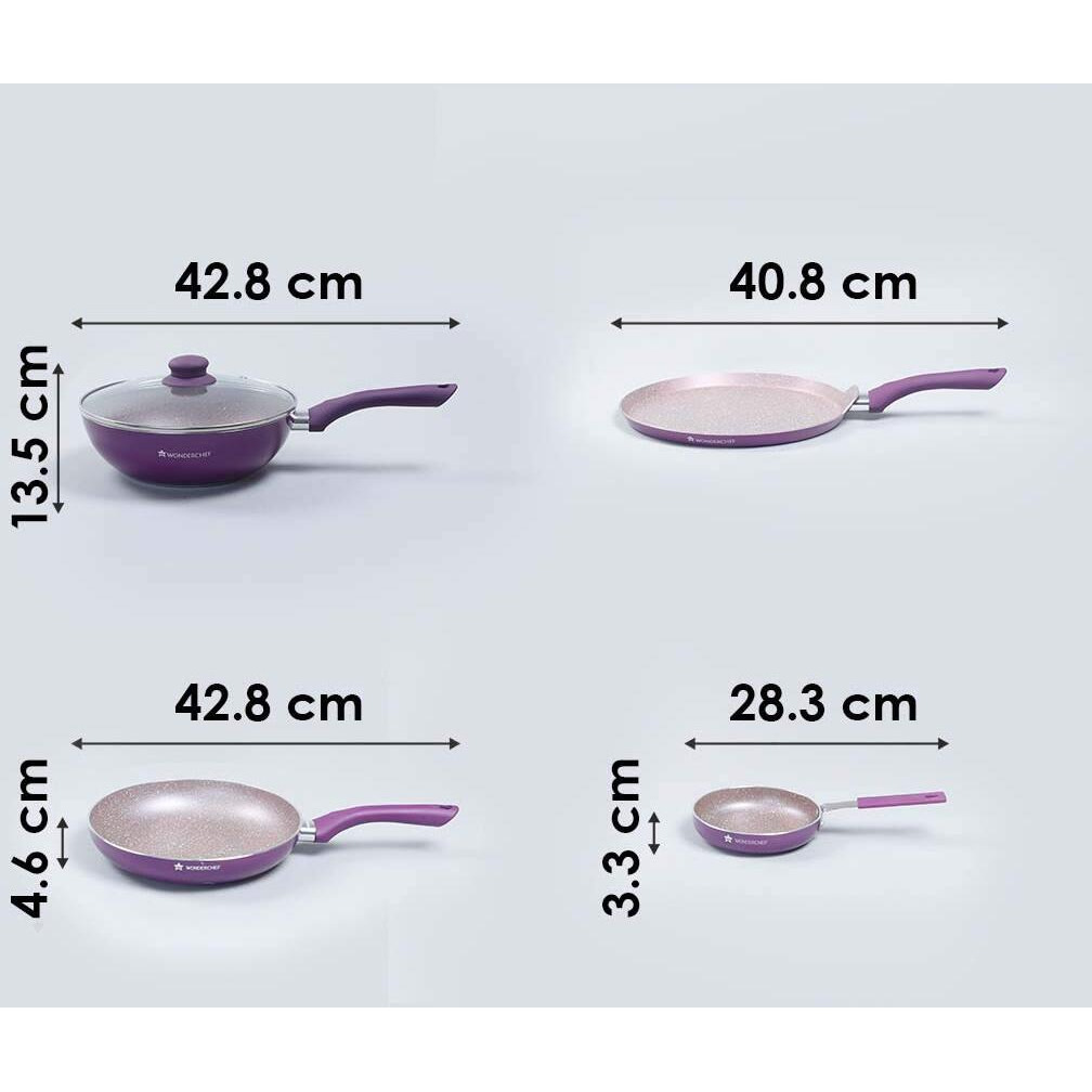 Wonderchef Royal Velvet Non-Stick 5-Pcs Cookware Set Fry Pan With Lid, Kadhai, Dosa Tawa, Mini Fry Pan|Induction Ready|Soft-Touch Handles|Non Toxic Ivirgin Aluminium|3 Mm Thick|2 Years Warranty|Purple