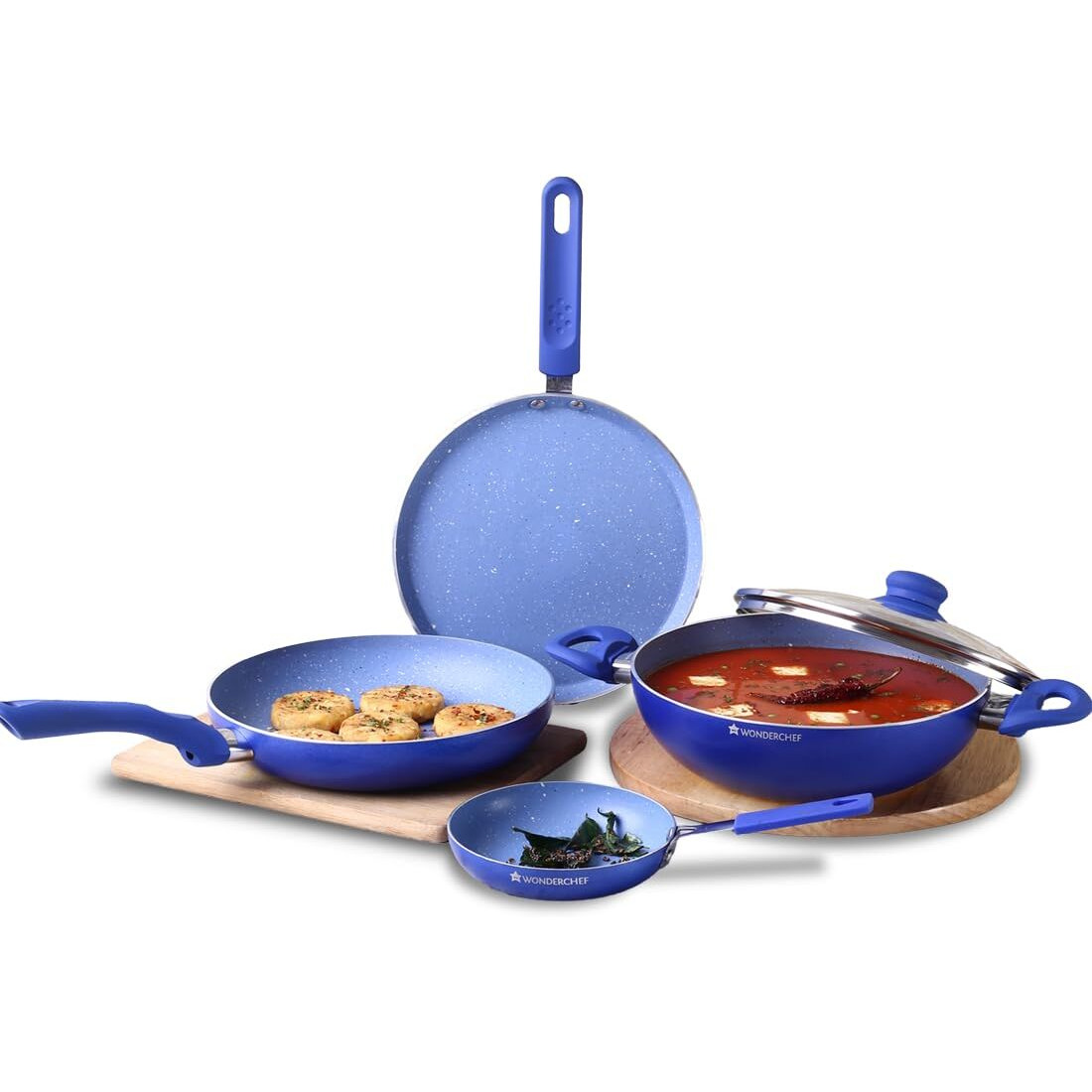 Wonderchef Royal Velvet Non-Stick Cookware 5 Pcs Set|Fry Pan With Lid, Kadhai, Dosa Tawa, Mini Fry Pan|Induction Bottom And Soft-Touch Handles|Pfoa & Heavy Metals Free|3Mm Thick|2 Years Warranty|Blue