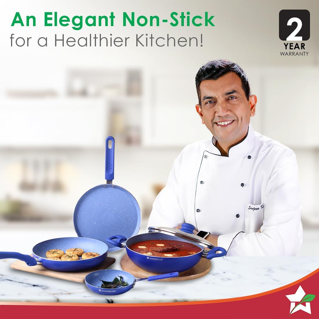 Wonderchef Royal Velvet Non-Stick Cookware 5 Pcs Set|Fry Pan With Lid, Kadhai, Dosa Tawa, Mini Fry Pan|Induction Bottom And Soft-Touch Handles|Pfoa & Heavy Metals Free|3Mm Thick|2 Years Warranty|Blue