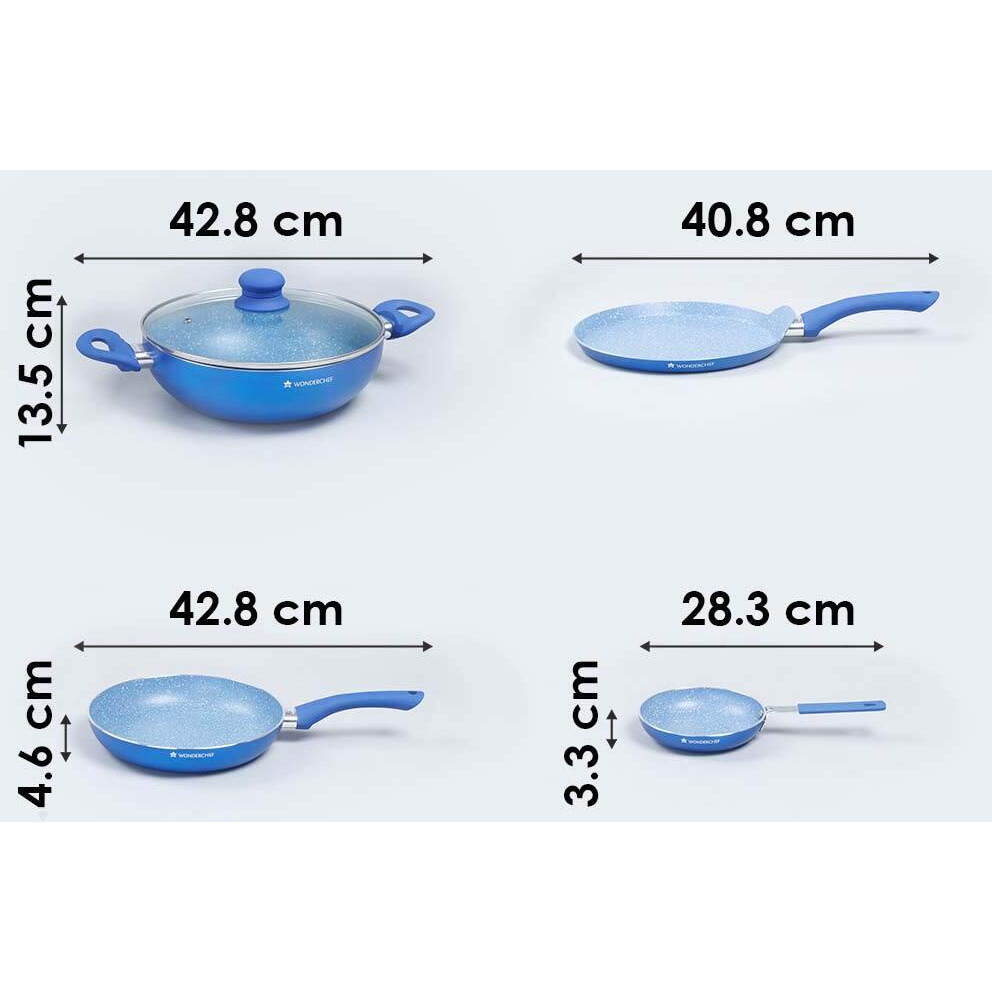 Wonderchef Royal Velvet Non-Stick Cookware 5 Pcs Set|Fry Pan With Lid, Kadhai, Dosa Tawa, Mini Fry Pan|Induction Bottom And Soft-Touch Handles|Pfoa & Heavy Metals Free|3Mm Thick|2 Years Warranty|Blue