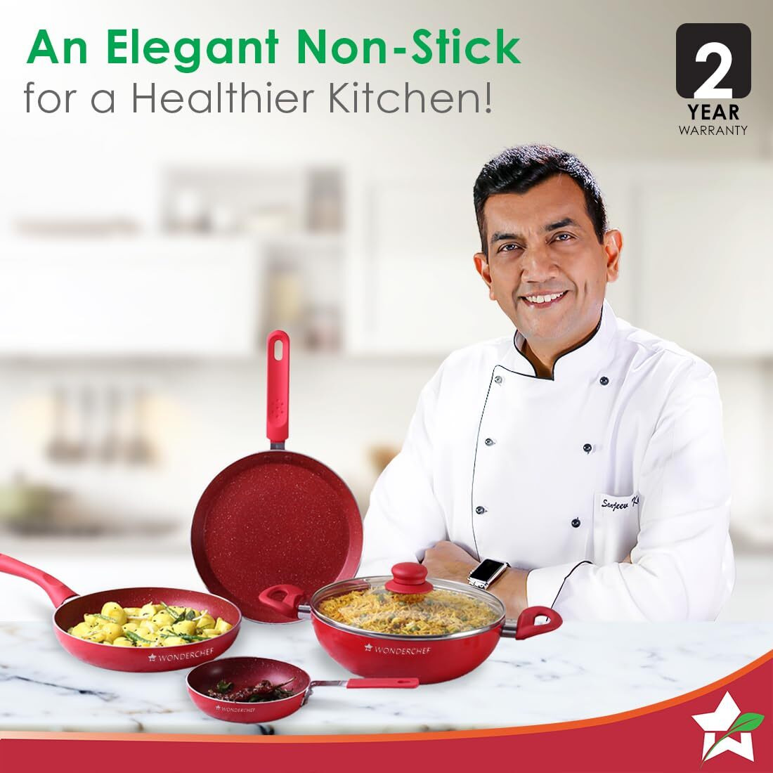 Wonderchef Royal Velvet Non-Stick 5 Pcs Cookware Set|Fry Pan With Lid, Kadhai, Dosa Tawa, Mini Fry Pan|Induction Bottom And Soft-Touch Handles|Pfoa & Heavy Metals Free|3 Mm Thick|2 Years Warranty|Red