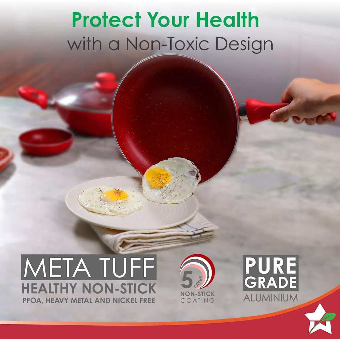 Wonderchef Royal Velvet Non-Stick 5 Pcs Cookware Set|Fry Pan With Lid, Kadhai, Dosa Tawa, Mini Fry Pan|Induction Bottom And Soft-Touch Handles|Pfoa & Heavy Metals Free|3 Mm Thick|2 Years Warranty|Red