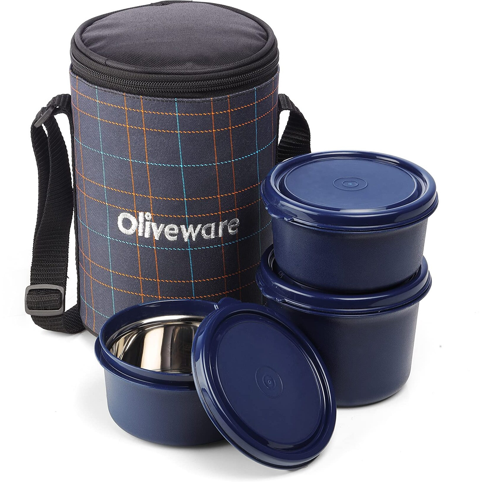 Oliveware Amber Lunch Box, Microwave Safe & Leak Proof, 3 Inside Steel Containers With Bpa Free Lids (2 * 450Ml & 600Ml), Fabric Bag - Blue