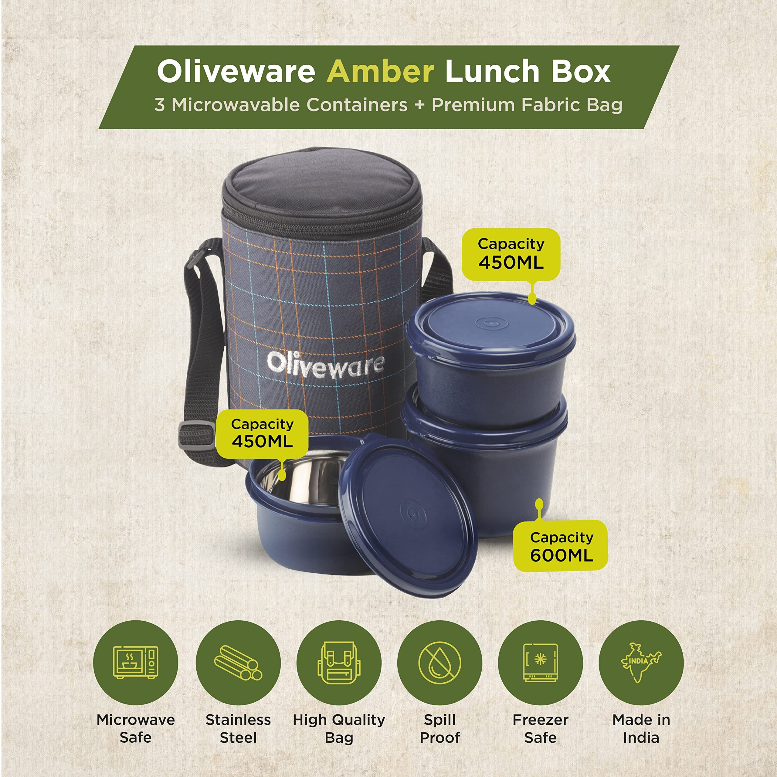 Oliveware Amber Lunch Box, Microwave Safe & Leak Proof, 3 Inside Steel Containers With Bpa Free Lids (2 * 450Ml & 600Ml), Fabric Bag - Blue