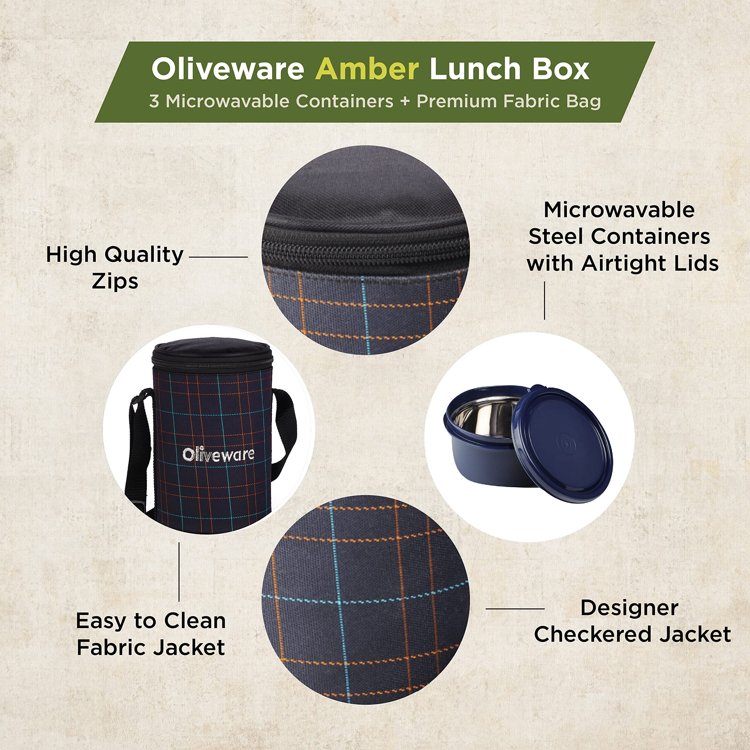 Oliveware Amber Lunch Box, Microwave Safe & Leak Proof, 3 Inside Steel Containers With Bpa Free Lids (2 * 450Ml & 600Ml), Fabric Bag - Blue