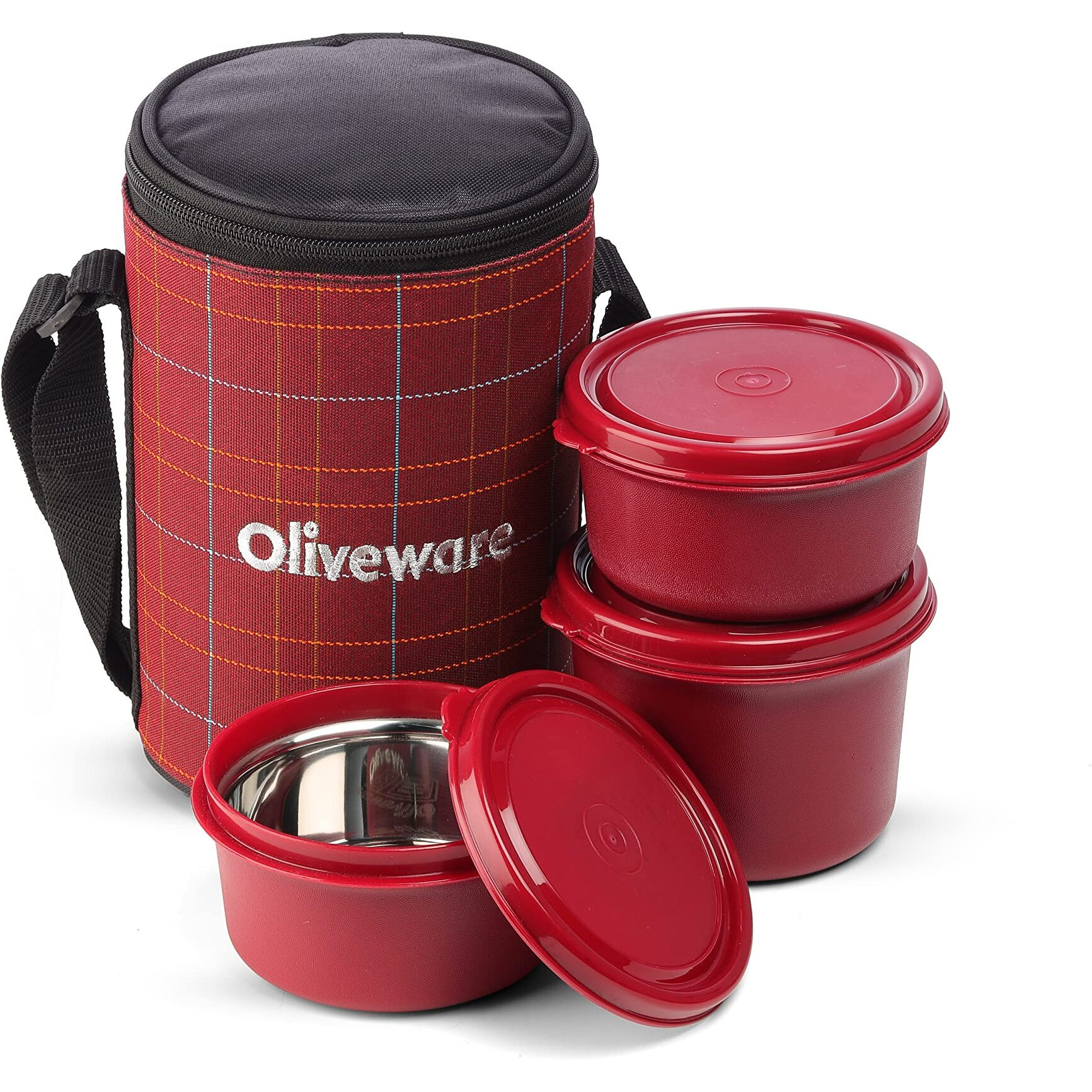 Oliveware Amber Lunch Box, Microwave Safe & Leak Proof, 3 Inside Steel Containers With Bpa Free Lids (2 * 450Ml & 600Ml), Fabric Bag - Red