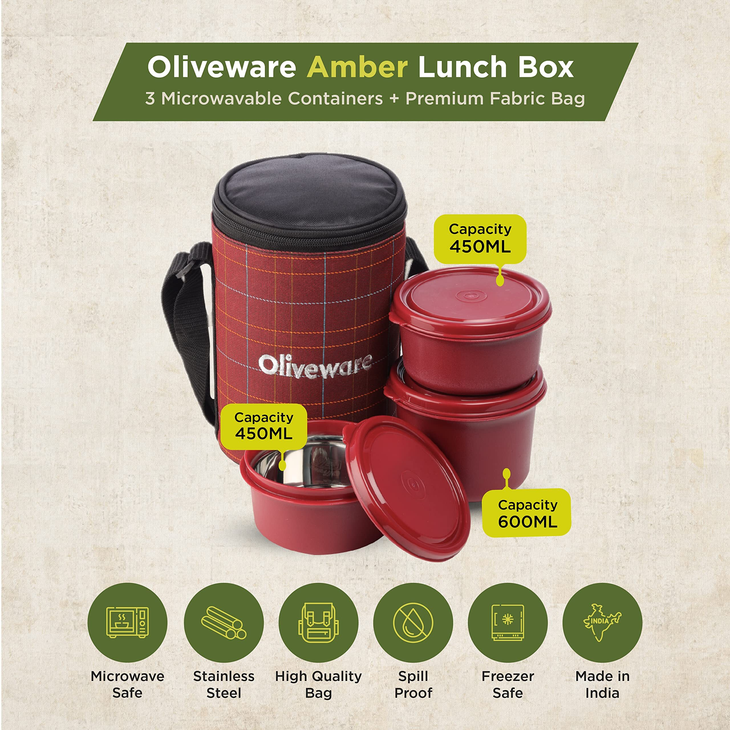 Oliveware Amber Lunch Box, Microwave Safe & Leak Proof, 3 Inside Steel Containers With Bpa Free Lids (2 * 450Ml & 600Ml), Fabric Bag - Red