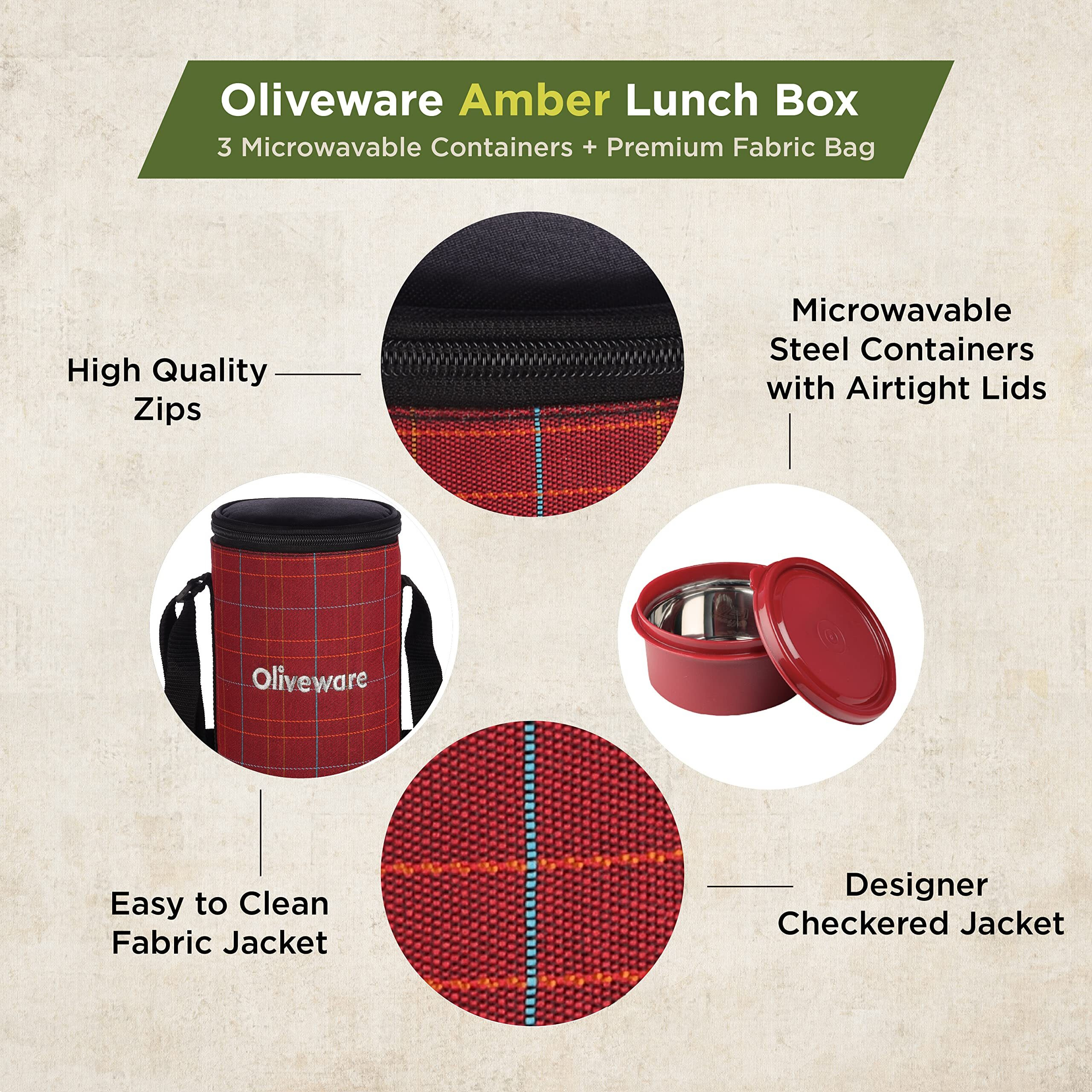 Oliveware Amber Lunch Box, Microwave Safe & Leak Proof, 3 Inside Steel Containers With Bpa Free Lids (2 * 450Ml & 600Ml), Fabric Bag - Red