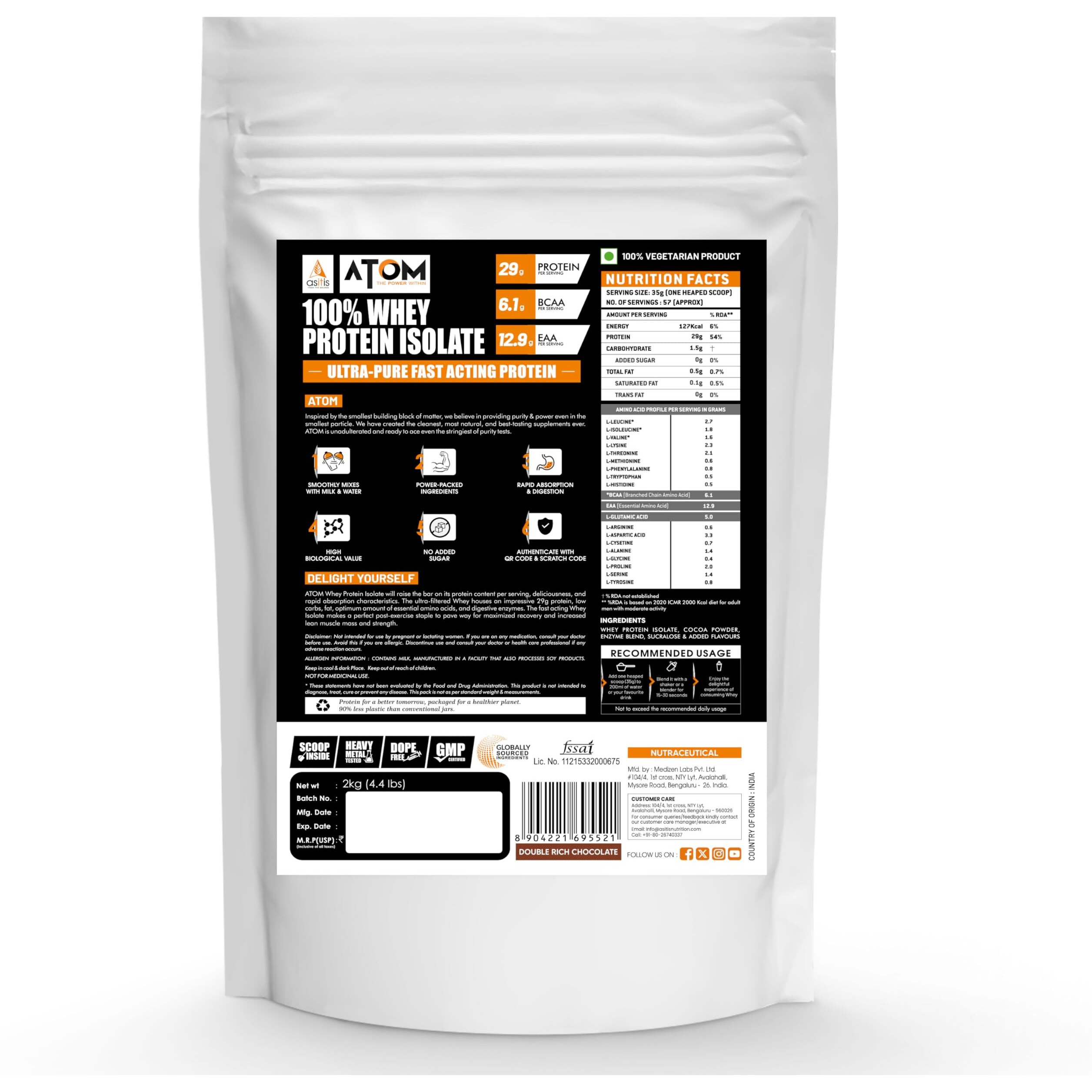 Asitis Nutrition Atom Whey Protein Isolate 2Kg | 30G Protein, 6.1G Bcaa & 13G Eaa | Ultra Pure-Fast Acting Protein | Double Rich Chocolate Flavor