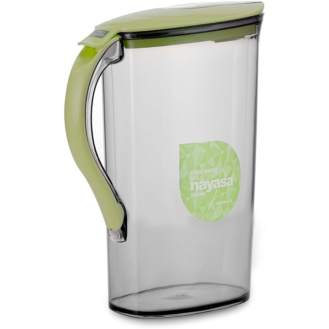 Nayasa Icon Jug- 2100 Ml | Cold Water Jug With Lid | Study Handle | Press Lock Button To Open | Leakproof Lid | Strong & Flat Body | Glass Finish Look | Milk & Juice Beverage Carafes| Green