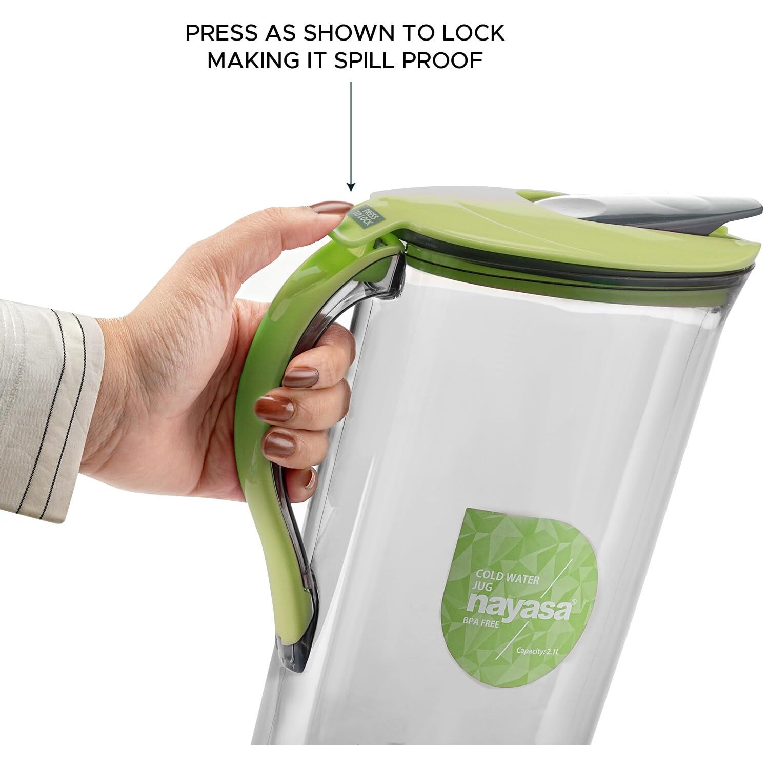 Nayasa Icon Jug- 2100 Ml | Cold Water Jug With Lid | Study Handle | Press Lock Button To Open | Leakproof Lid | Strong & Flat Body | Glass Finish Look | Milk & Juice Beverage Carafes| Green