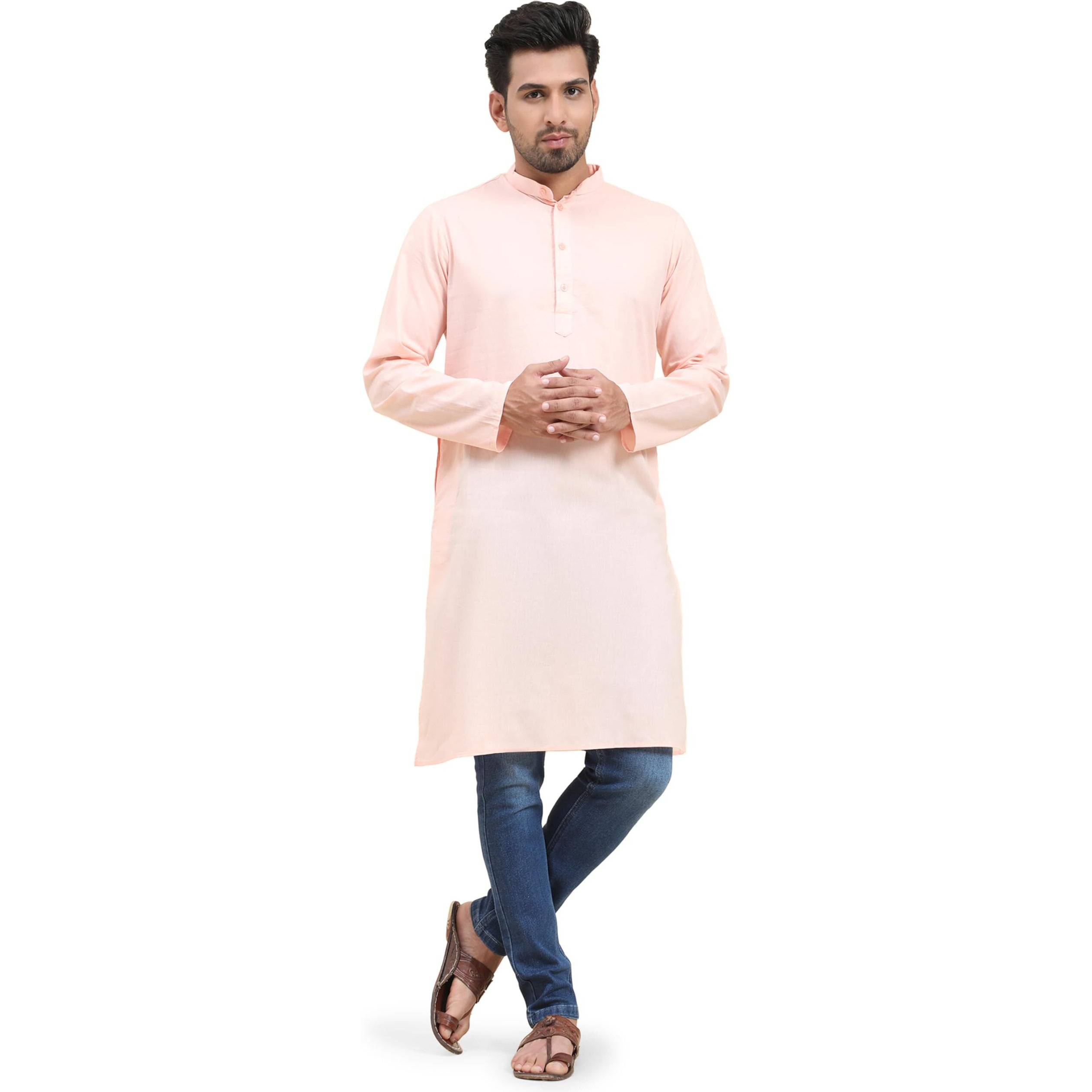 Skavij Mens Cotton Casual Wear Modern Kurta Shirt For Everyday Use Yoga Outfit Pink_Small